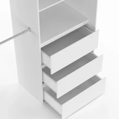 Dressing extensible MARTY 120/170 x 50 x 180 cm blanc avec 3 tiroirs + étagères + double penderie + rideau gris