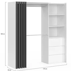 Dressing extensible MARTY 120/170 x 50 x 180 cm blanc avec 3 tiroirs + étagères + double penderie + rideau gris