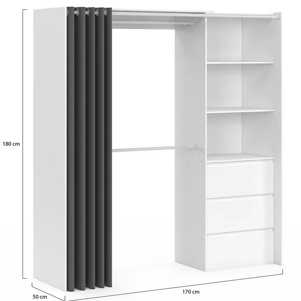 Dressing extensible MARTY 120/170 x 50 x 180 cm blanc avec 3 tiroirs + étagères + double penderie + rideau gris