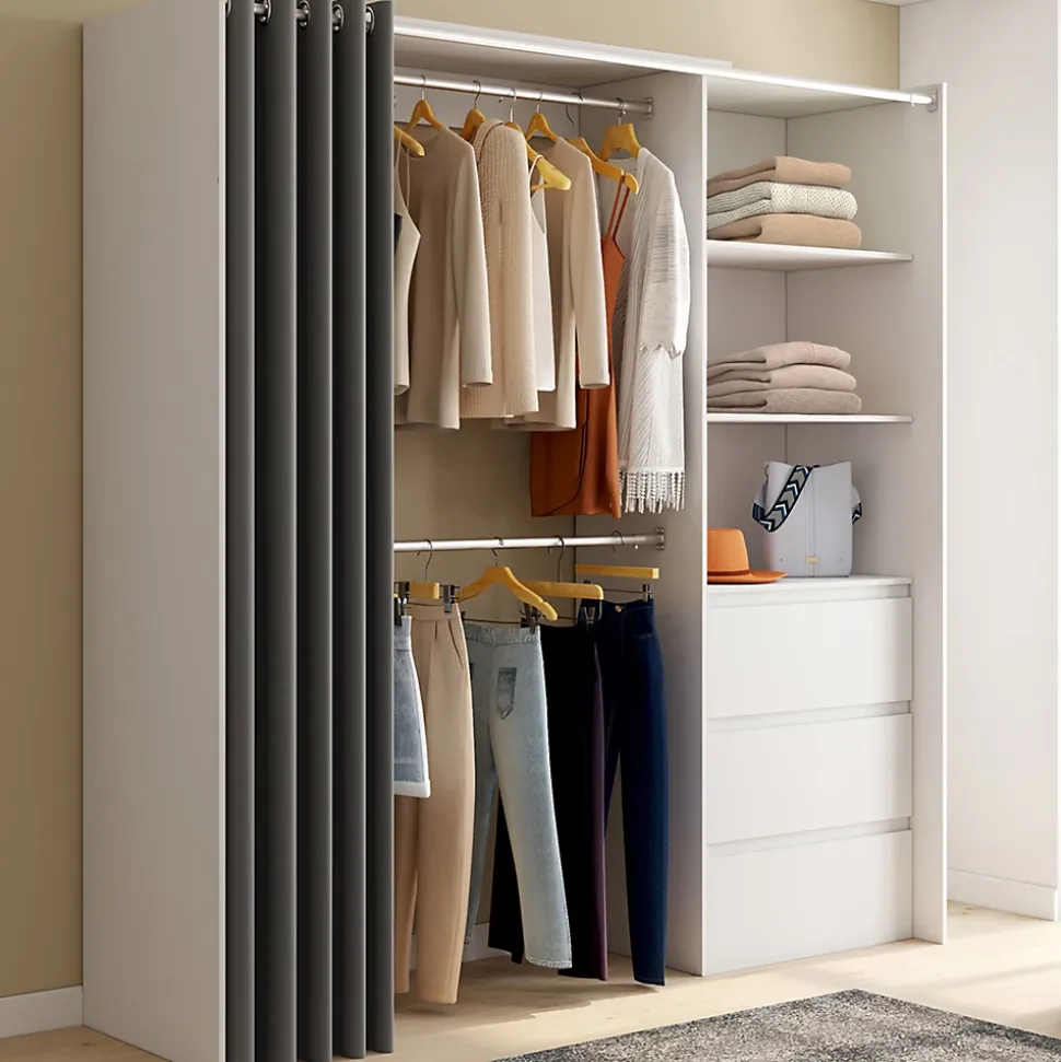 Dressing extensible MARTY 120/170 x 50 x 180 cm blanc avec 3 tiroirs + étagères + double penderie + rideau gris