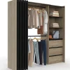 Dressing extensible MARTY 120/170 x 50 x 180 cm hêtre avec 3 tiroirs + étagères + double penderie + rideau noir