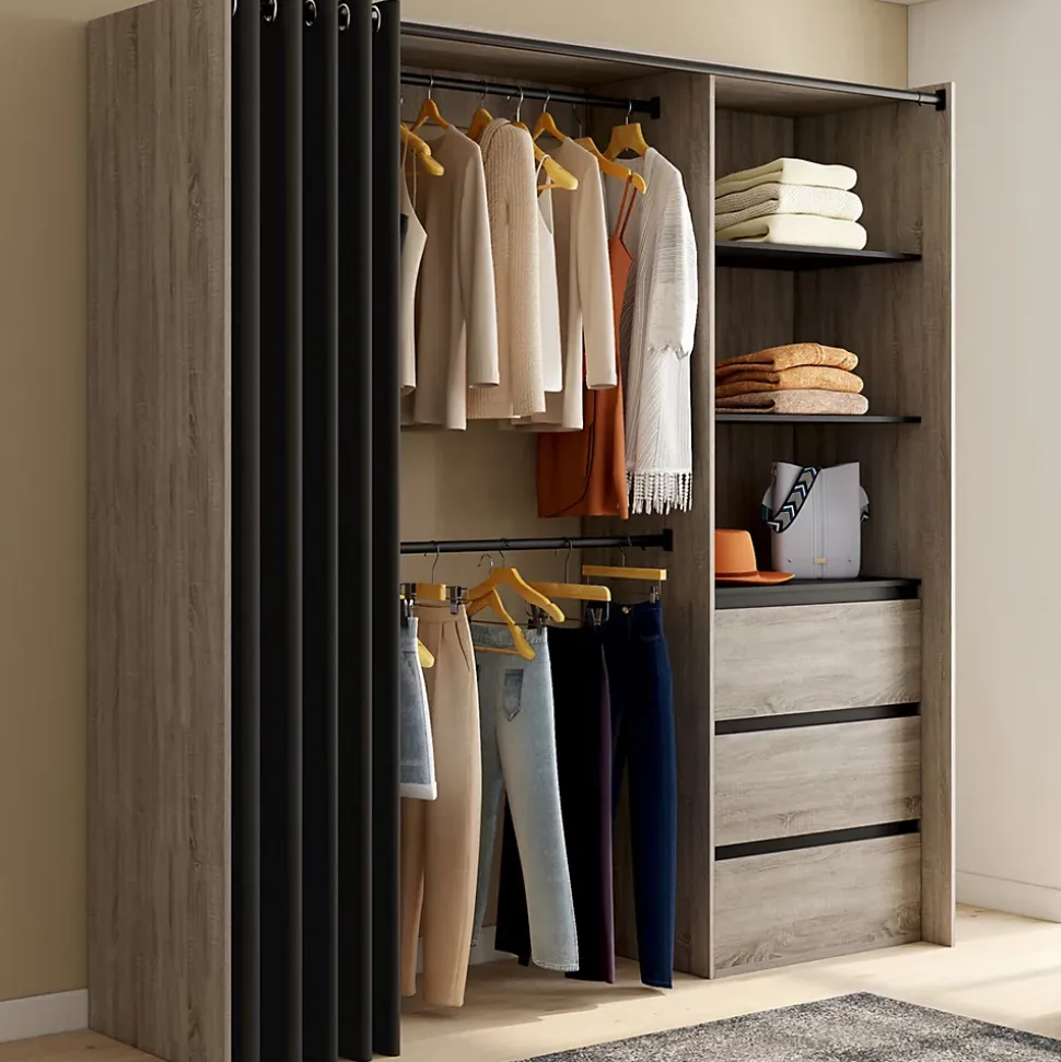 Dressing extensible MARTY 120/170 x 50 x 180 cm hêtre avec 3 tiroirs + étagères + double penderie + rideau noir