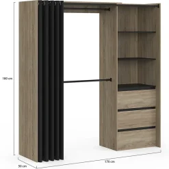 Dressing extensible MARTY 120/170 x 50 x 180 cm hêtre avec 3 tiroirs + étagères + double penderie + rideau noir