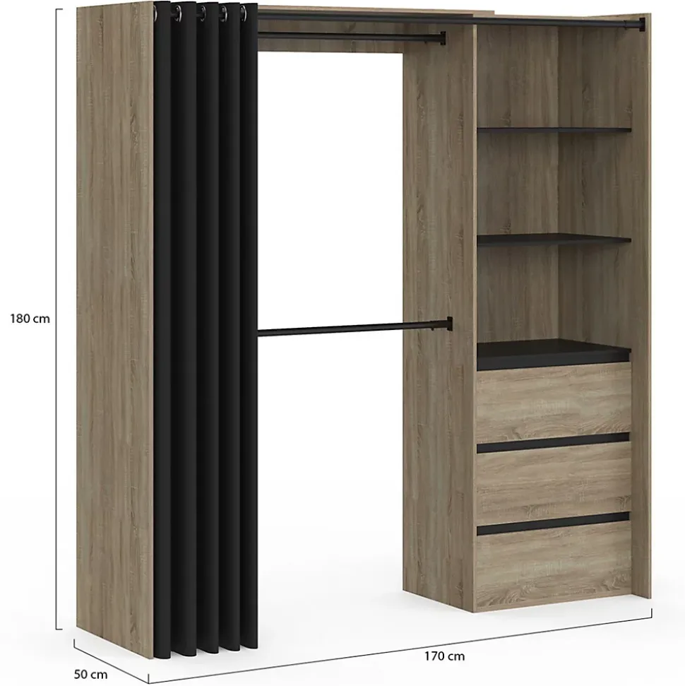 Dressing extensible MARTY 120/170 x 50 x 180 cm hêtre avec 3 tiroirs + étagères + double penderie + rideau noir