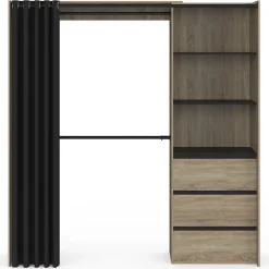 Dressing extensible MARTY 120/170 x 50 x 180 cm hêtre avec 3 tiroirs + étagères + double penderie + rideau noir
