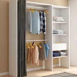 Dressing extensible MARTY 120/170 x 50 x 180 cm blanc avec étagères + double penderie + rideau gris