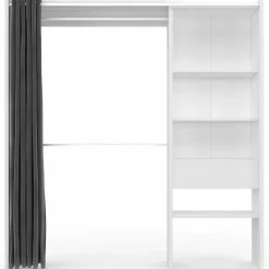 Dressing extensible MARTY 120/170 x 50 x 180 cm blanc avec étagères + double penderie + rideau gris