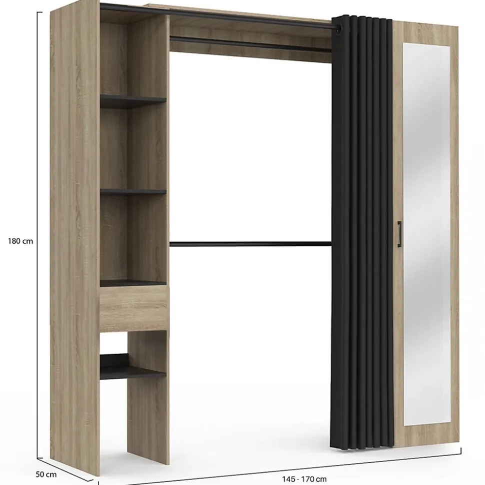 Dressing extensible MERYL 145/170 x 50 x 180 cm hêtre avec étagères + double penderie + miroir + rideau noir