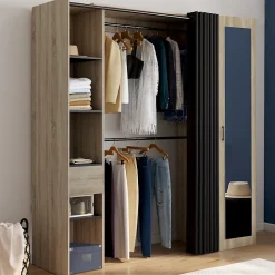 Dressing extensible MERYL 145/170 x 50 x 180 cm hêtre avec étagères + double penderie + miroir + rideau noir