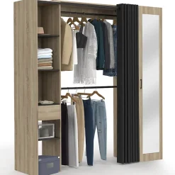 Dressing extensible MERYL 145/170 x 50 x 180 cm hêtre avec étagères + double penderie + miroir + rideau noir