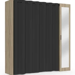 Dressing extensible MERYL 145/170 x 50 x 180 cm hêtre avec étagères + double penderie + miroir + rideau noir