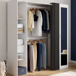 Dressing extensible MERYL 145/170 x 50 x 180 cm blanc avec étagères + double penderie + miroir + rideau gris