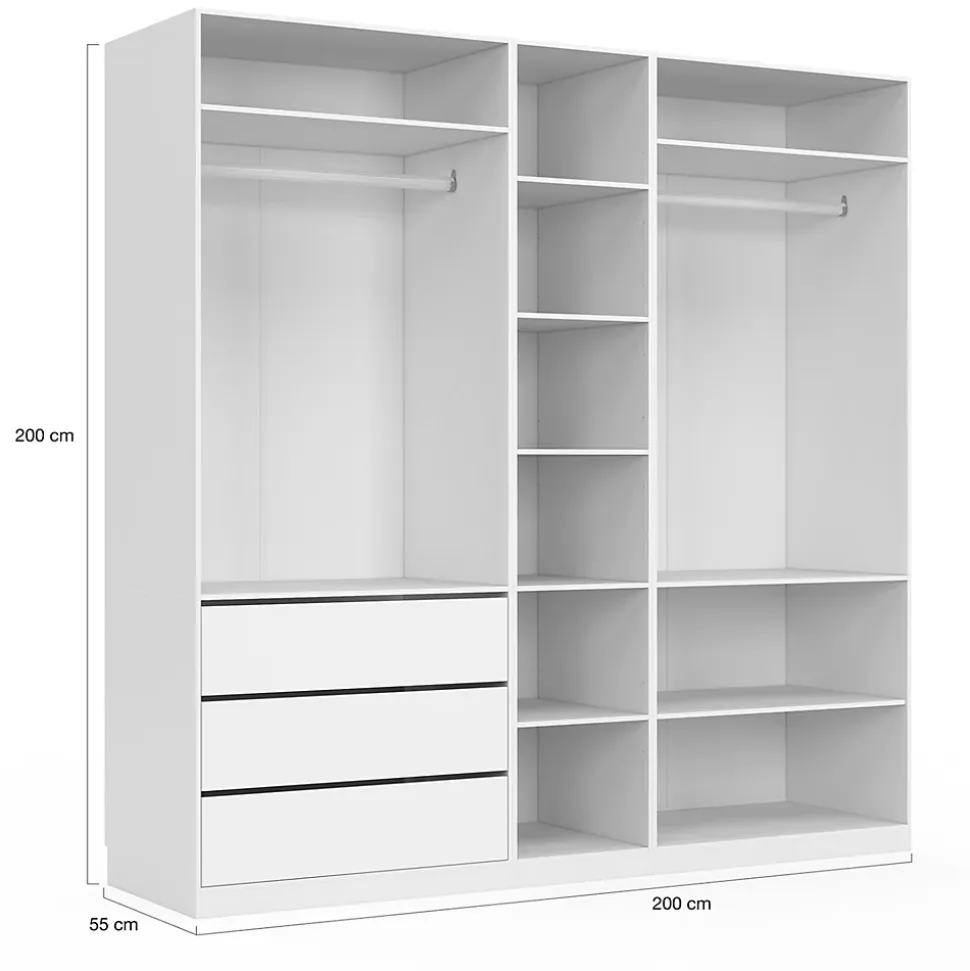 Dressing modulable TAYLOR 200 x 55 x 200 cm 3 modules avec penderies + étagères + tiroirs blanc