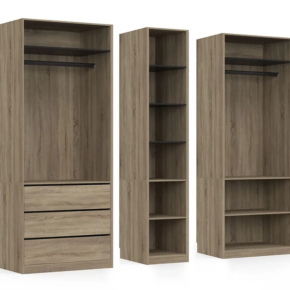 Dressing modulable TAYLOR 200 x 55 x 200 cm 3 modules avec penderies + étagères + tiroirs hêtre et noir