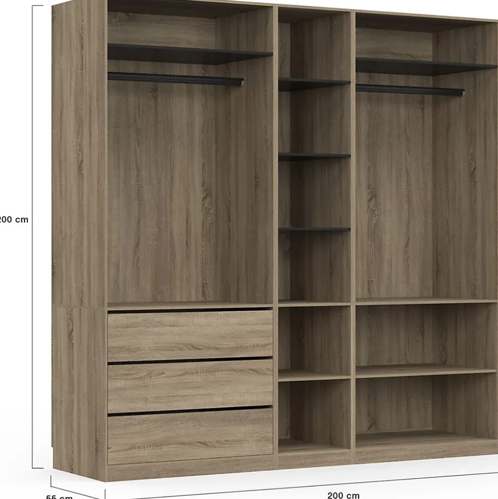 Dressing modulable TAYLOR 200 x 55 x 200 cm 3 modules avec penderies + étagères + tiroirs hêtre et noir