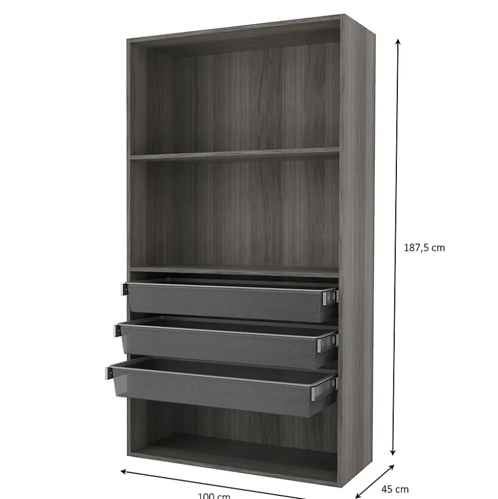 Dressing ouvert tablettes et tiroirs effet chêne grisé GoodHome Atomia H. 187,5 x L. 100 x P. 45 cm