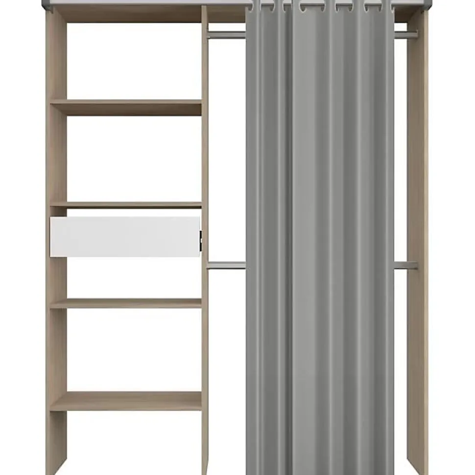 Dressing PARISOT GARY décor chêne et blanc avec rideau gris L143,5 x P47,9 x H201,9 cm