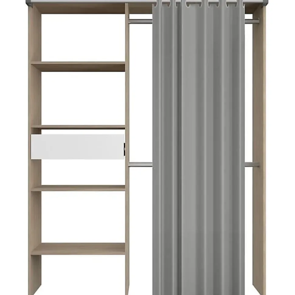 Dressing PARISOT GARY décor chêne et blanc avec rideau gris L143,5 x P47,9 x H201,9 cm