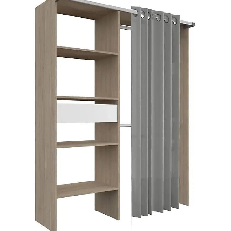 Dressing PARISOT GARY décor chêne et blanc avec rideau gris L143,5 x P47,9 x H201,9 cm