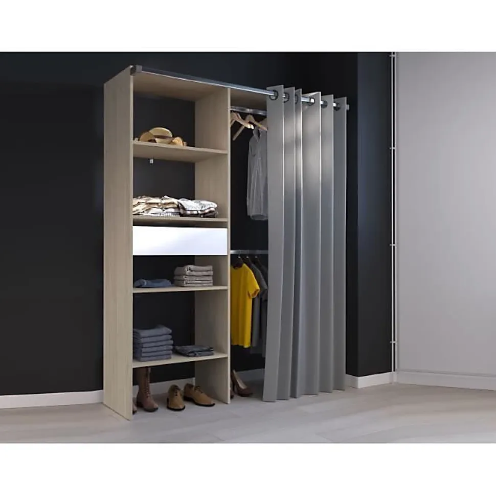 Dressing PARISOT GARY décor chêne et blanc avec rideau gris L143,5 x P47,9 x H201,9 cm