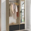Dressing penderie BERENICE 105 x 40 x 172 cm hêtre avec étagères + boites de rangement noires + miroir