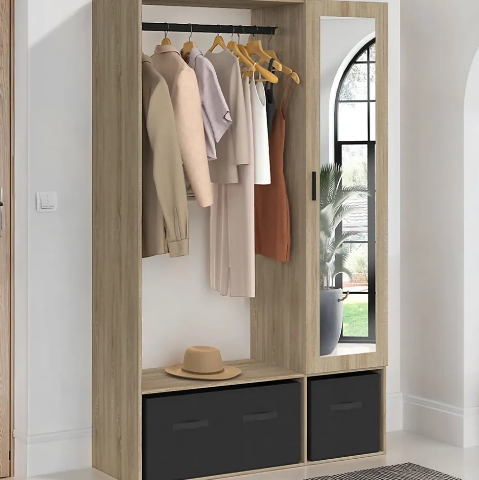 Dressing penderie BERENICE 105 x 40 x 172 cm hêtre avec étagères + boites de rangement noires + miroir