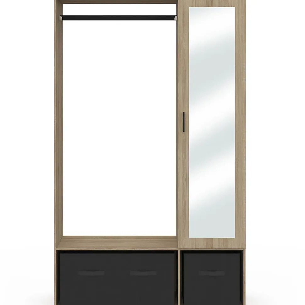 Dressing penderie BERENICE 105 x 40 x 172 cm hêtre avec étagères + boites de rangement noires + miroir