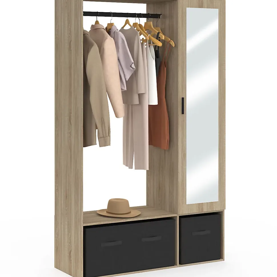 Dressing penderie BERENICE 105 x 40 x 172 cm hêtre avec étagères + boites de rangement noires + miroir