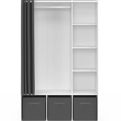Dressing penderie DIANE 105 x 45 x 167 cm blanc avec étagères + boites de rangement + rideau gris