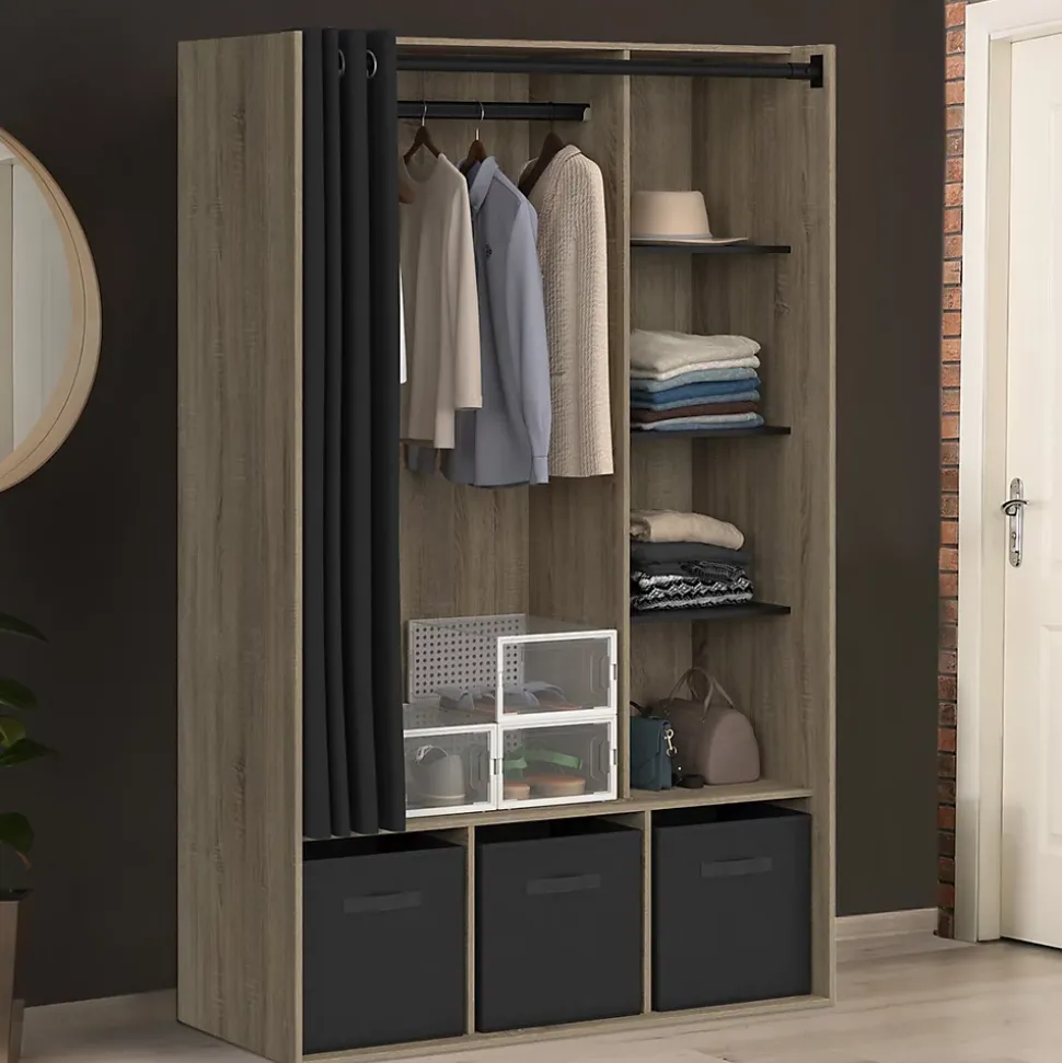 Dressing penderie DIANE 105 x 45 x 167 cm hêtre avec étagères + boites de rangement + rideau noir