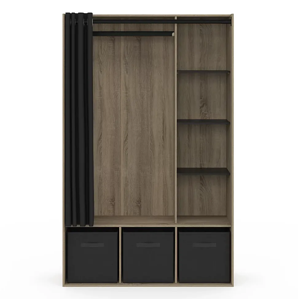 Dressing penderie DIANE 105 x 45 x 167 cm hêtre avec étagères + boites de rangement + rideau noir