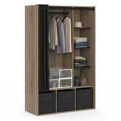 Dressing penderie DIANE 105 x 45 x 167 cm hêtre avec étagères + boites de rangement + rideau noir