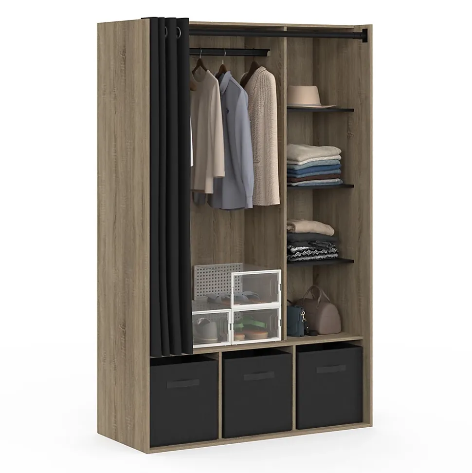 Dressing penderie DIANE 105 x 45 x 167 cm hêtre avec étagères + boites de rangement + rideau noir
