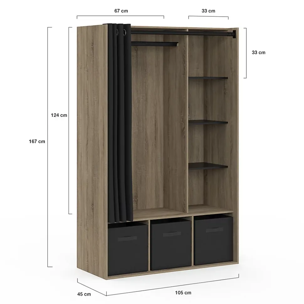 Dressing penderie DIANE 105 x 45 x 167 cm hêtre avec étagères + boites de rangement + rideau noir