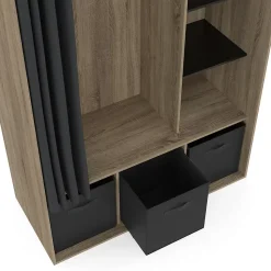 Dressing penderie DIANE 105 x 45 x 167 cm hêtre avec étagères + boites de rangement + rideau noir