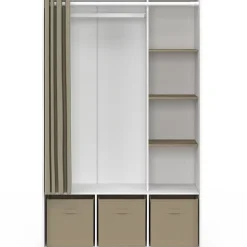 Dressing penderie DIANE 105 x 45 x 167 cm blanc avec étagères + boites de rangement + rideau taupe