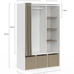 Dressing penderie DIANE 105 x 45 x 167 cm blanc avec étagères + boites de rangement + rideau taupe