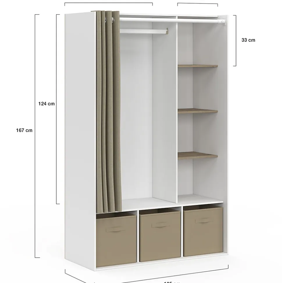 Dressing penderie DIANE 105 x 45 x 167 cm blanc avec étagères + boites de rangement + rideau taupe