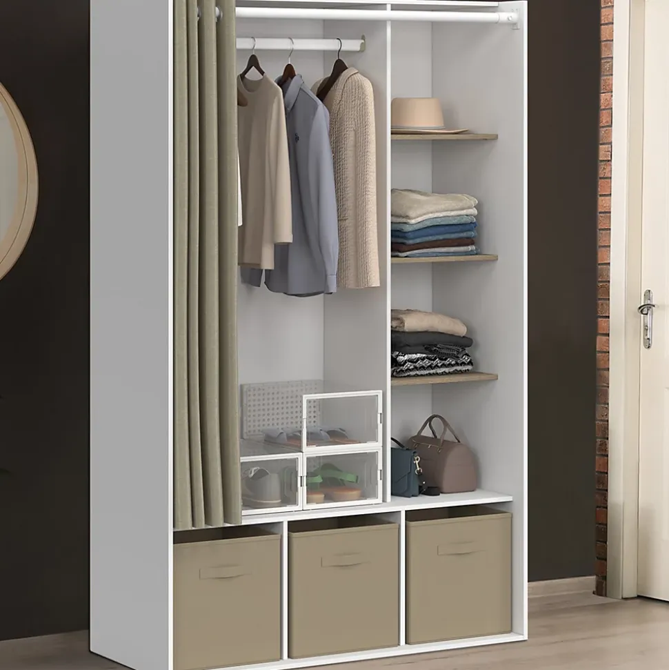 Dressing penderie DIANE 105 x 45 x 167 cm blanc avec étagères + boites de rangement + rideau taupe