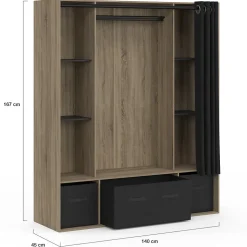 Dressing penderie DIANE 140 x 45 x 167 cm hêtre avec étagères + boites de rangement + rideau noir