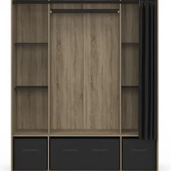 Dressing penderie DIANE 140 x 45 x 167 cm hêtre avec étagères + boites de rangement + rideau noir