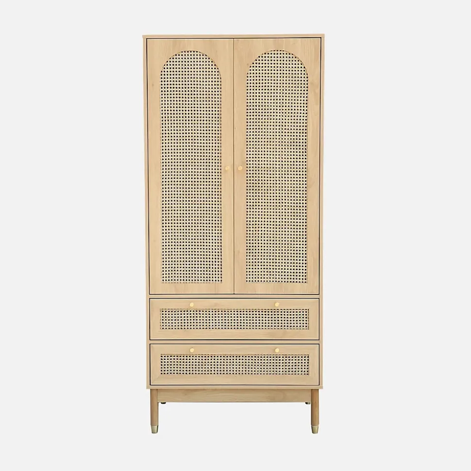 Dressing penderie JUDITH 2 portes 2 tiroirs cannage. poignées et pieds finition dorée. 80 x 50 x 180 cm