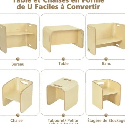 Emsemble de Table et Chaises en Bois de Bouleau,en Forme de U avec Poignees Rainurees et Coins Arrondis pour Salon,Chambre,bureau
