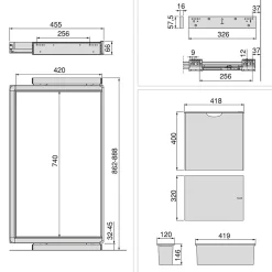 Emuca Kit 2 plateaus auxiliaires, 1 panier et rack ajustable Quartz pour armoires, glissières extension totale et à fermeture