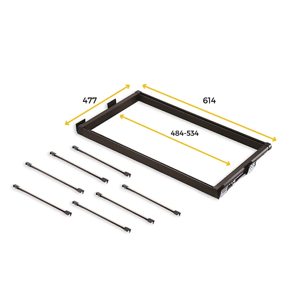 Emuca Kit de 7 tringles à pantalon et cadre coulissant pour armoires Moka, fermeture souple, réglable, module 600mm, Aluminium et