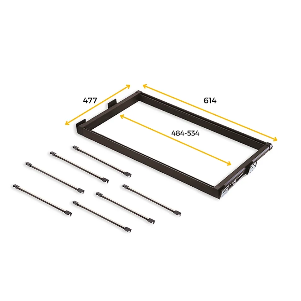 Emuca Kit de 7 tringles à pantalon et cadre coulissant pour armoires Moka, fermeture souple, réglable, module 600mm, Aluminium et