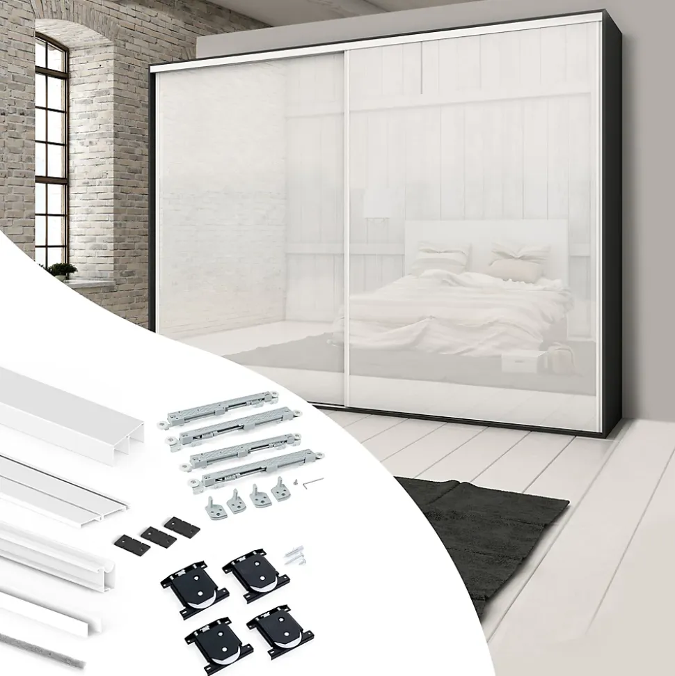 Emuca Kit de ferrures pour 2 portes coulissantes et armoire à fermeture souple Placard 74, profilé Wave, épaisseur 16mm, panneaux