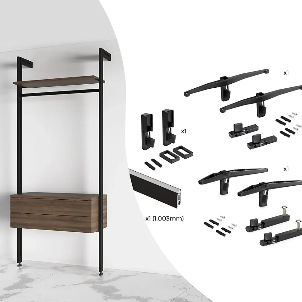 Emuca Kit de fixation pour 1 étagère en bois, 1 module et 1 tringle de suspension, longueur 1m Zero, Zamak, Peint en noir texturé