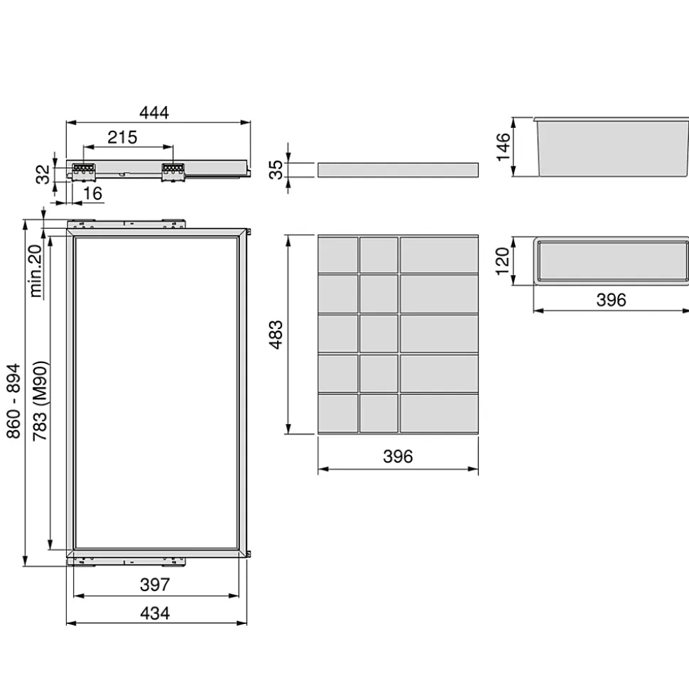 Emuca Kit de organisateur de tiroirs, plateau auxiliaire et cadre de coulissage soft close pour armoires, réglable, module 900mm,