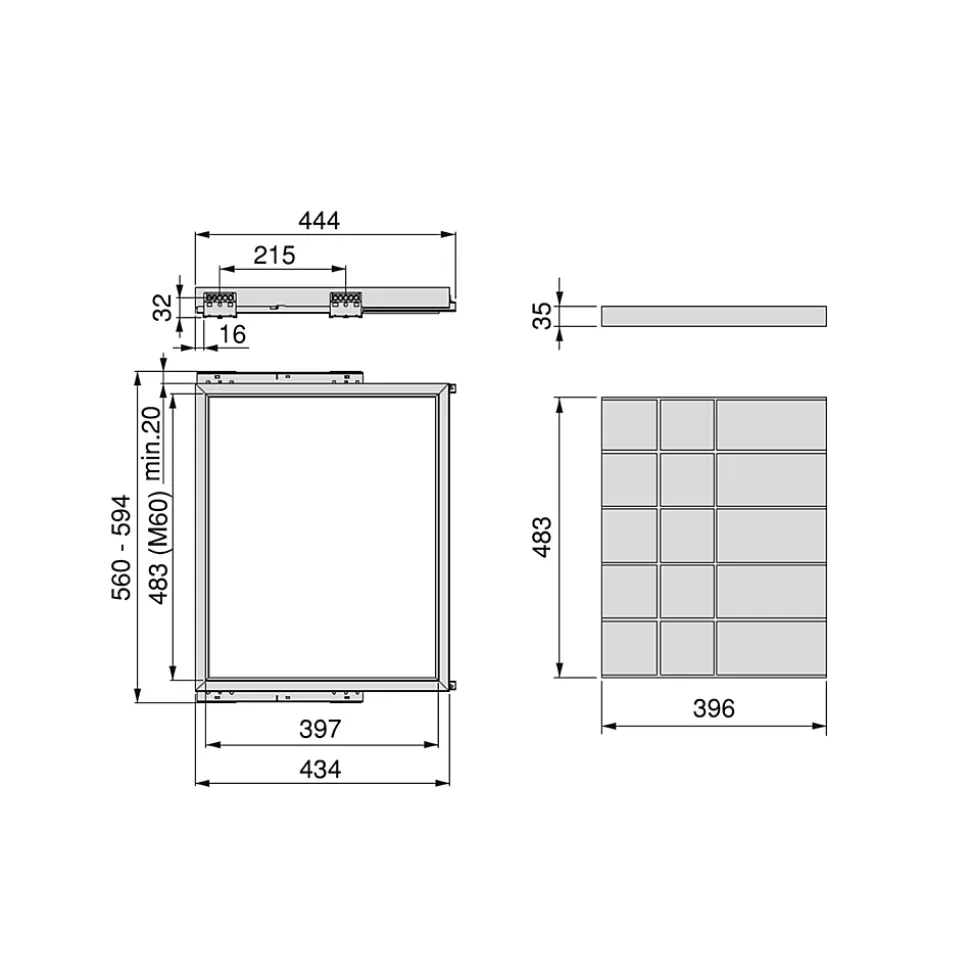 Emuca Kit de organiser de cadre de tiroir et de glissière avec fermeture souple pour armoire, réglable, module 600mm, Noir texturé